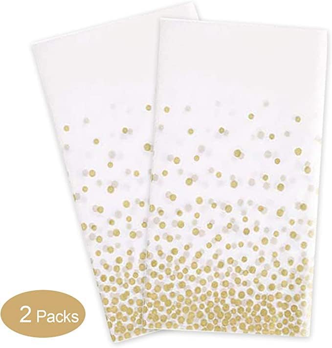 Gexolenu 2 Pack White and Gold Disposable Plastic Tablecloth for Rectangle Tables(54" x 108"), Disposable Waterproof Table Cover for Birthday, Graduation, Gold Table Cloths Party Supplies