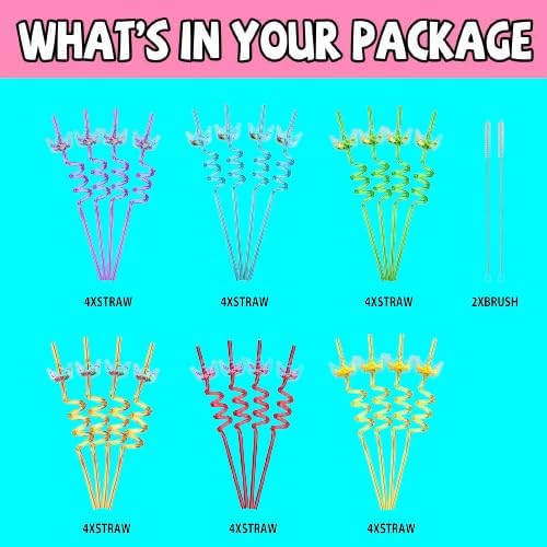 Generic 24 Glitter Princess Party Favors Reusable Crown Drinking Straws 6 Designs Great for Princess Theme Birthday Party Supplies with 2 Cleaning Brushes, 11