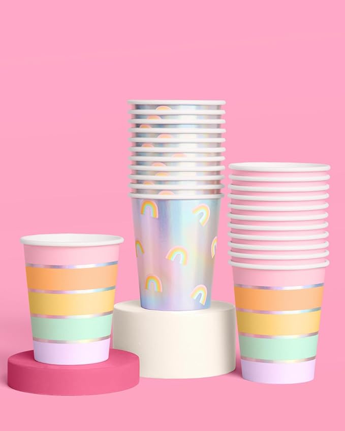 xo, Fetti Iridescent Rainbow Paper Cups - 12 oz, 24 pcs | Pastel Party Drinkware, Cute Dinner Party Setting, Bachelorette Decoration, Kids Birthday Tablescape