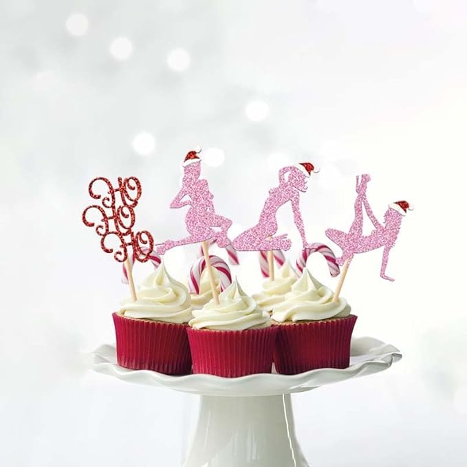 24Pcs Christmas Cupcake Toppers Pink Glitter Bachelor Cupcake Picks Christmas Hat Hohoho Eve Decorations for Night Out Bachelorette Wedding Bridal Shower
