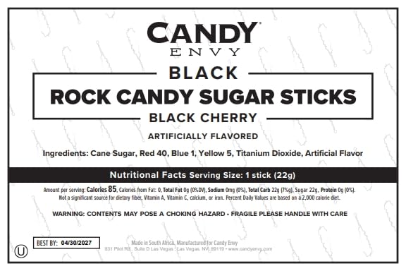 Black Rock Candy Sugar Sticks - Black Cherry Flavored - 144 Individually Wrapped Candy Party Favors