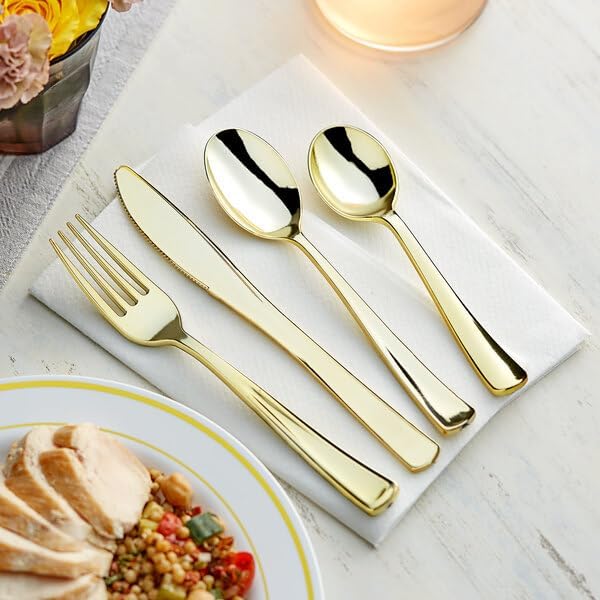Classic Heavy Weight Gold Cutlery Kit, 100 Piece Plastic Flatware Set, Disposable Metallic Silverware for Weddings and Parties