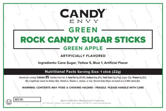 Green Rock Candy Sugar Sticks - Green Apple Flavored - 12 Individually Wrapped Candy Party Favors