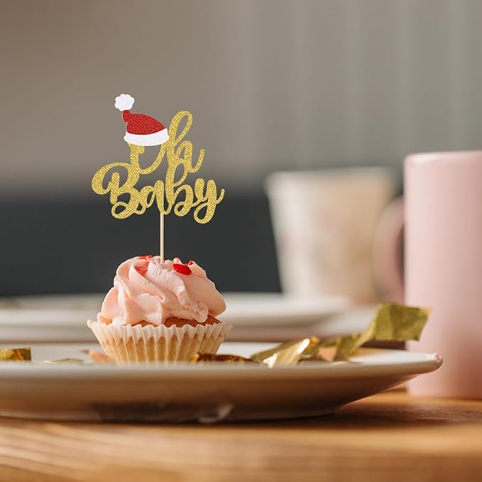 24Pcs Christmas Oh Baby Cupcake Toppers Glitter Christmas Tree Reindeer Santa Hat Baby Shower Birthday Cupcake Picks for Theme Baby Shower Kids Birthday Party