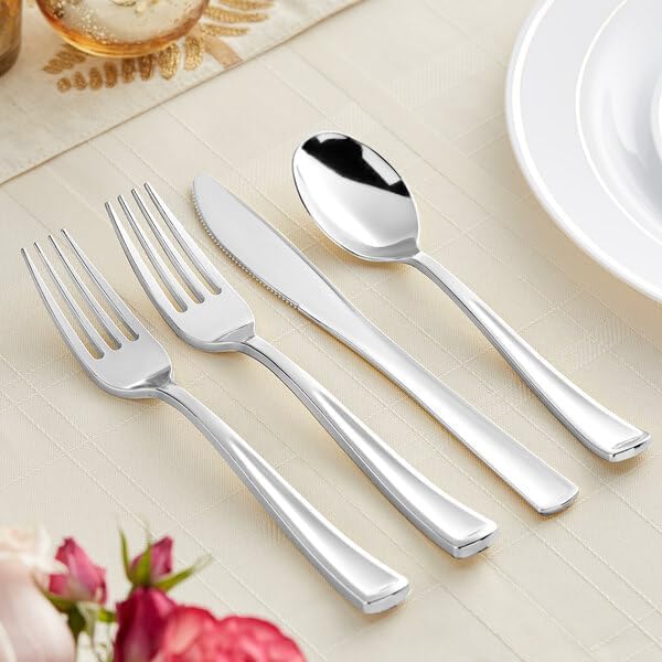 Classic Silver Plastic Cutlery Set, Heavy Weight, 4-Piece, 50 Pack, Disposable Flatware for Weddings and Events
