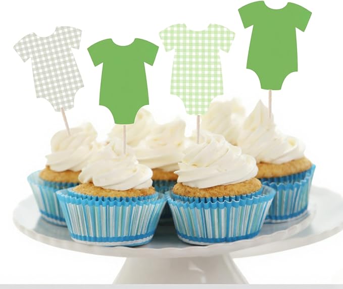 ALISSAR 36 Pcs Sage Green Gingham Cupcake Toppers - Neutral Baby Shower Decorations, Baby Shower Cake Topper, Bodysuit & Cupcake Toppers, Diaper Cake Decor, Gender Neutral Party Supplies