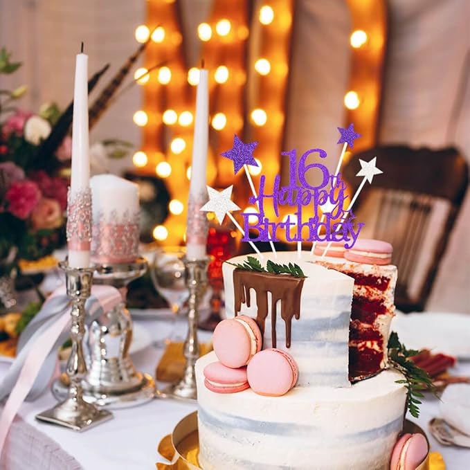 Glittery 16th Happy Birthday Cake Topper with Star,Personalised 16 Birthday Cake Toppers Party Decorations Party Supplies for Boys Girls Purple Silver
