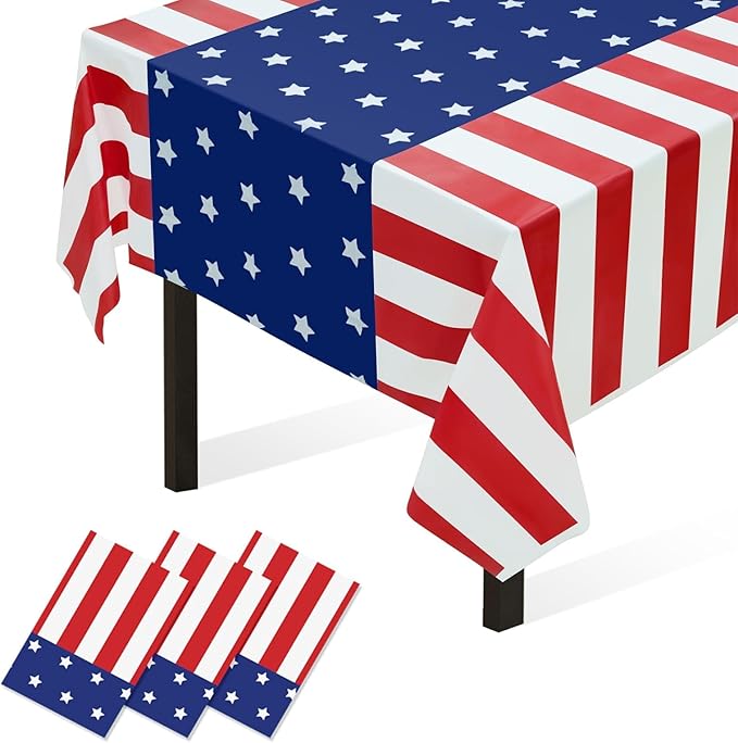 Childom 3 Pack Patriotic Tablecloth,Disposable Plastic Tablecloth 54"x108" Patriotic Decorations,Birthday Party Table Cloth for Kids,Patriotic Themed Party Supplies for Outside,Picnic,Camping,Memorial
