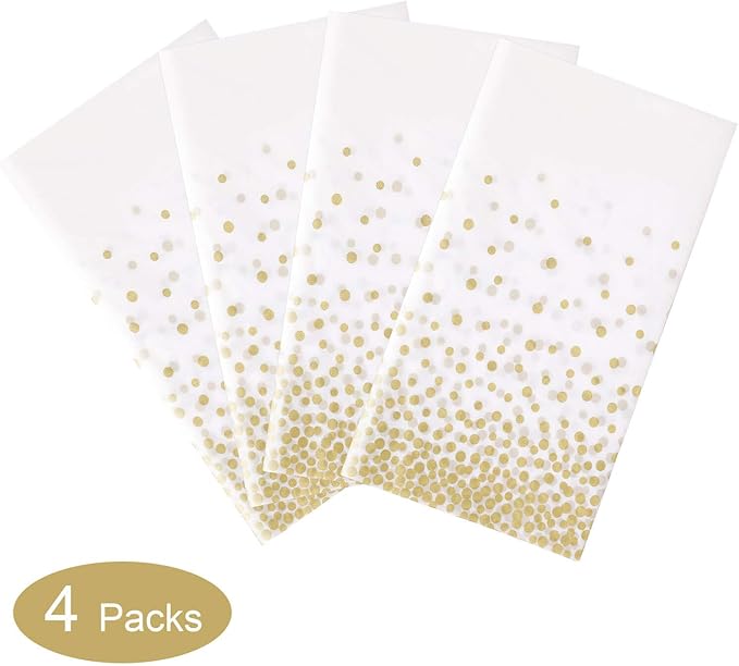 Gexolenu 4 Pack White & Gold Dot Plastic Tablecloth for Rectangle Tables(54" x 108"), Disposable Table Cloth for Birthday, Wedding, Baptism Decorations, Engagement Party Decorations