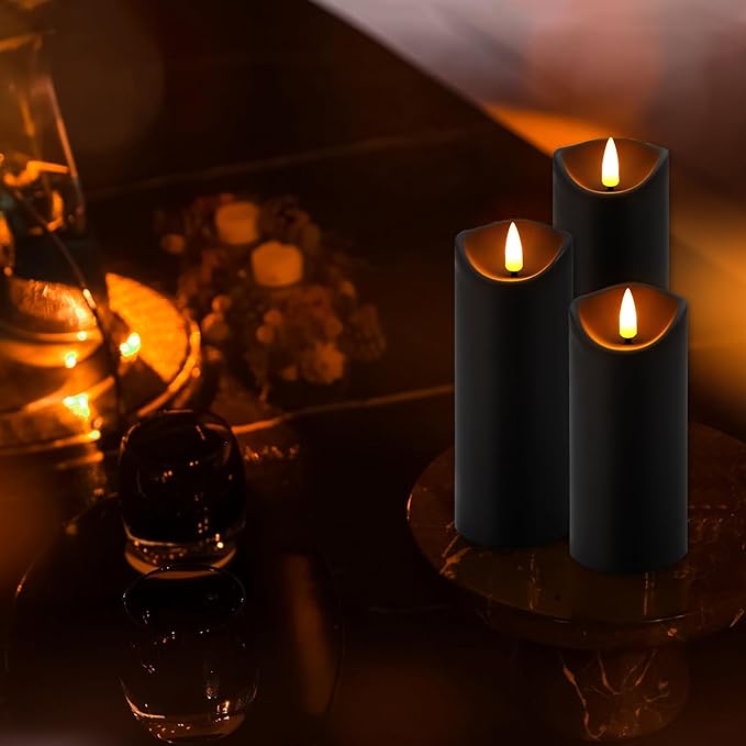 Realistic Flameless LED Candle Black Set of 24, Battery Operated with Remote Control, 3D Flame Pillar Timer Funtion Melted Top Safe,Perfect for Indoor/Outdoor Decor,Wedding,BBQ and Gift