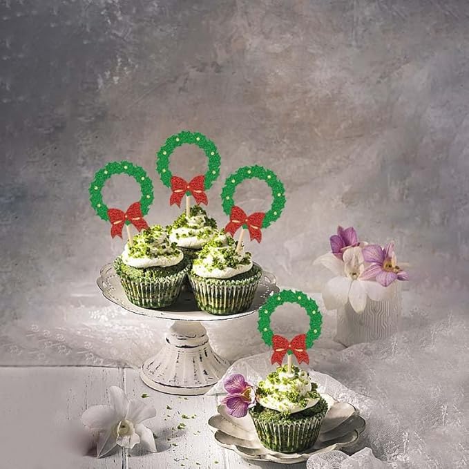 24Pcs Christmas Wreath Cupcake Toppers Glitter Red Green Christmas Garland Cupcake Picks for New Year Baby Shower Birthday Party Decoration