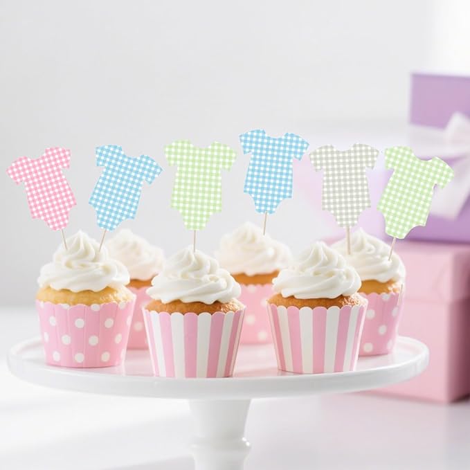 ALISSAR 36 Pcs Blue Pink & Sage Green Gingham Cupcake Toppers - Baby Shower Decorations for Boys Girls & Gender Neutral, Bodysuit & Cake Toppers Set, Diaper Cake Decor, Gender Reveal Party Supplies