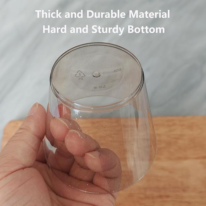 50 Pack Plastic Cups, 9 oz Glitter Disposable Gold Cups, Clear Plastic Tumblers and Clear Party Cup for Weddings, Birthday,Thanksgiving, Christmas,etc.