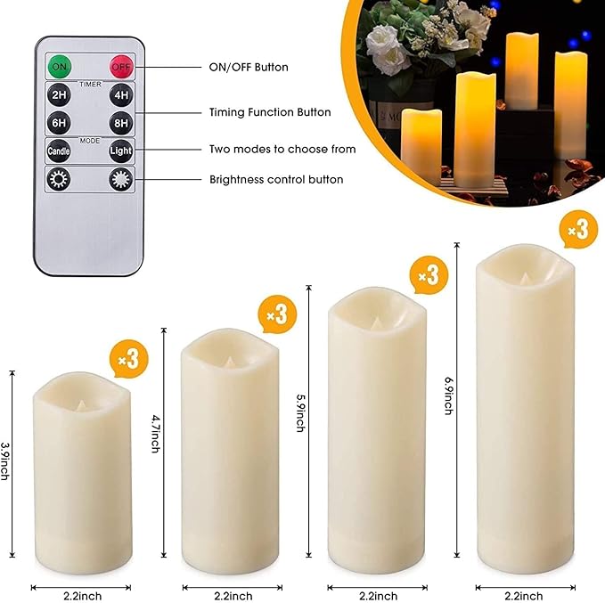 Flameless Candles with Remote & 2/4/6/8H Timers, Outdoor Indoor Waterproof Remote Candles Battery Operated, Electric Led Candles 12pcs for Home/Wedding Decor (D 2.2'' x H 4'' 5'' 6'' 7'')