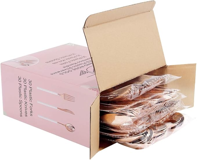 WDF 90Pieces Rose Gold Plastic Silverware - Rose Gold Plastic Cutlery with White Handle- Heavy Duty Disposable Silverware Include 30Forks, 30 Spoons, 30 Knives for Valentines Day, Wedding, Party