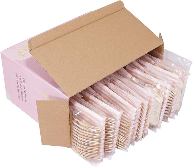 WDF 180Pieces Gold Plastic Silverware-Gold Plastic Cutlery with Pink Handle- Heavyweight Disposable Flatware-Disposable Utensils Include 60 Forks,60 Spoons,60 Knives for Wedding/Party