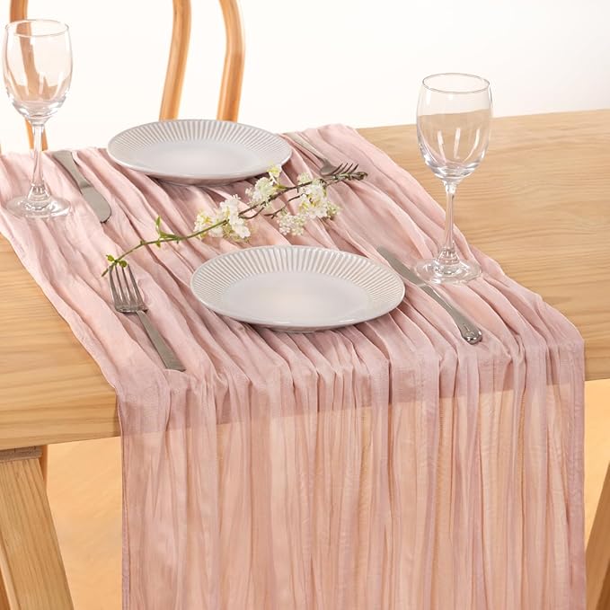 MLMC 12 Pack Dusty Pink Cheesecloth Table Runner 10ft Rustic Gauze Cheese Cloth Table Runner Bulk 35x120 Inches for Romantic Wedding Bridal Baby Shower Anniversary Party Decor