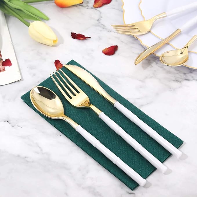 WDF 90Pieces Gold Plastic Silverware-Gold Plastic Cutlery with White Handle- Heavy Duty Thanksgiving Christmas Silverware Include 30Forks, 30 Spoons, 30 Knives for Parties