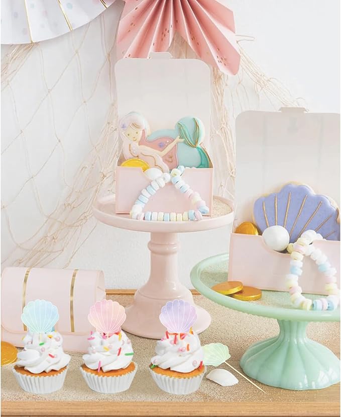 24 Pieces Seashell Cupcake Toppers Under the Sea Mermaid Cake Topper Decorations Picks for Mermaid theme Birthday Party Decoration Baby Shower Supplies (Seashell)