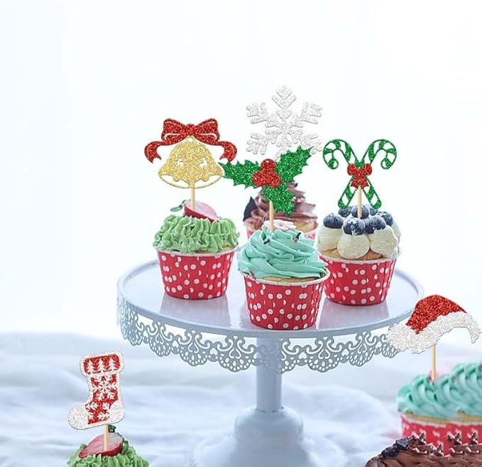 24Pcs Christmas Cupcake Toppers Xmas Sock Hat Snowflake Bell Candy Canes Cupcake Picks for Xmas Holiday New Year Holiday Baby Shower Kids Birthday Party Supplies