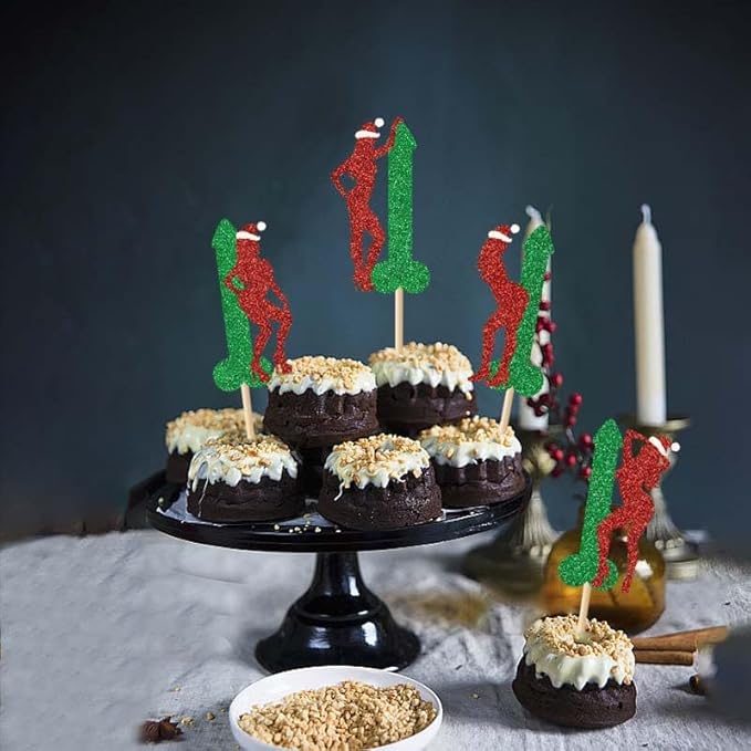 24Pcs Christmas Cupcake Toppers Red-green Glitter Pole Dancing Girl Cupcake Toppers Bachelor Party Christmas Hat Cupcake Picks for Christmas Bachelor Hen Funny Bridal Shower Birthday Party Supplies