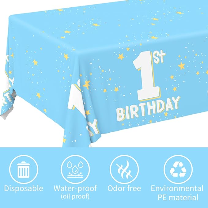 Gatherfun Baby Blue Party Supplies Set: 1st Birthday Decorations, Includes 2-Pack Baby Boy -Themed Tablecloths for First Birthday Decorations, Disposable Table Covers 54 x 108 Inch