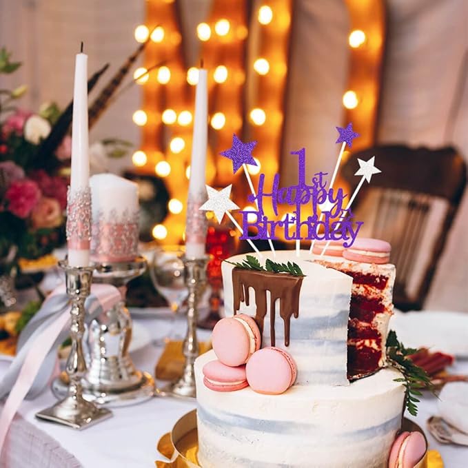 Glittery 1st Happy Birthday Cake Topper with Star,Personalised 1 Birthday Cake Toppers Party Decorations Party Supplies for Baby Boys Girls Purple Silver