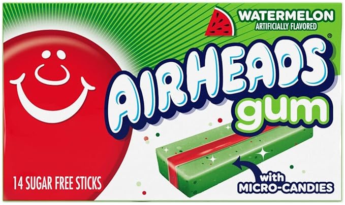 Airheads Chewing Gum, Sugar Free Gum with Micro-Candies, Individually Wrapped Christmas Stocking Stuffers for Adults & Kids, Watermelon Flavor Artificially Flavored, 14 Sticks (12-Pack)