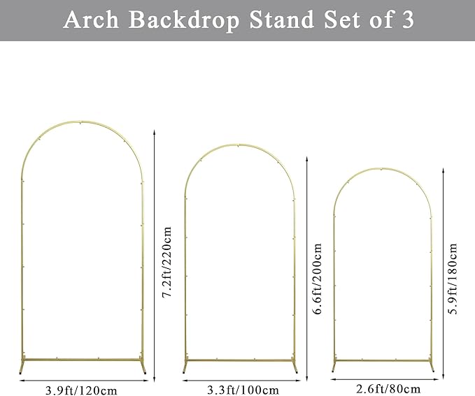 Wedding Arch Backdrop Stand Set of 3, (6, 6.6, 7.2) Metal Arch Backdrop Stand with Wedding Arch Cover, Wedding Balloon Arch Backdrop Stand for Birthday, Baby Shower, Anniversary.