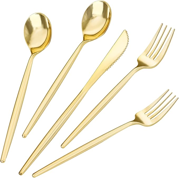 LIYH 360 Pcs Gold Christmas Plastic Silverware - Elegant Gold Silverware Disposable Christmas Utensils Set for Weddings, Parties & Events - Includes Forks, Spoons, Knives, Cutlery Tableware