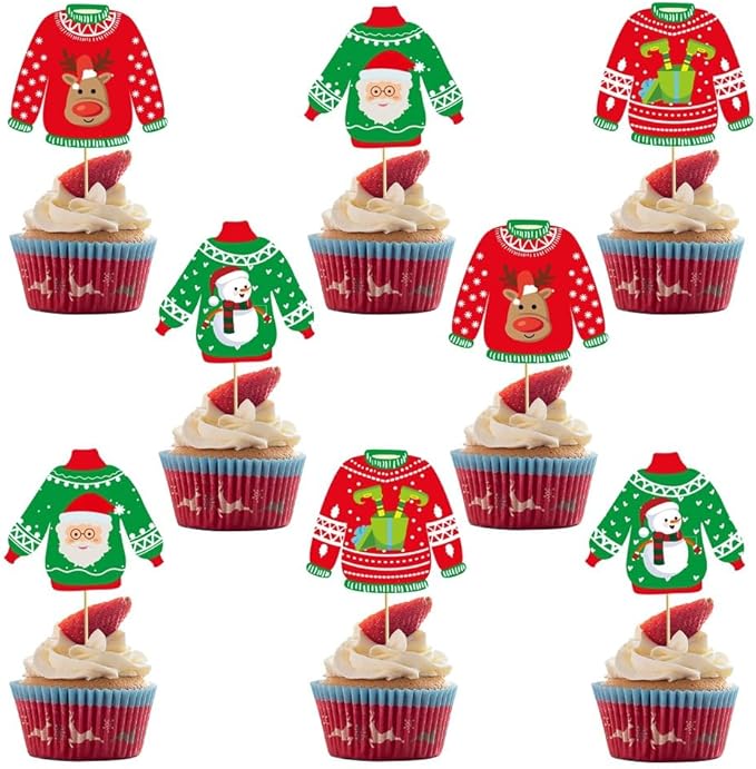 24Pcs Ugly Sweater Cupcake Toppers Santa Deer Snowman Christmas Cupcake Picks for Christmas Ugly Sweater Theme Xmas Winter Holiday Baby Shower Birthday Party Supplies