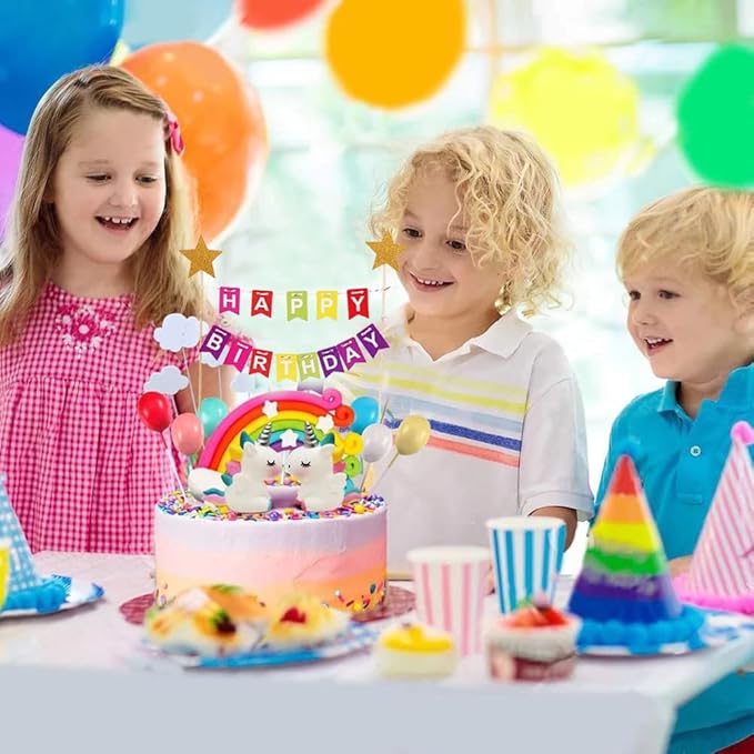 MEMOVAN Rainbow Cake Topper 15pcs Happy Birthday Cake Flag Banner, Colorful Rainbow Clouds Balloon Ball Cake Cupcake Topper Colorful Rainbows Cake Decoration for Boys Girls Birthday Baby Shower Party