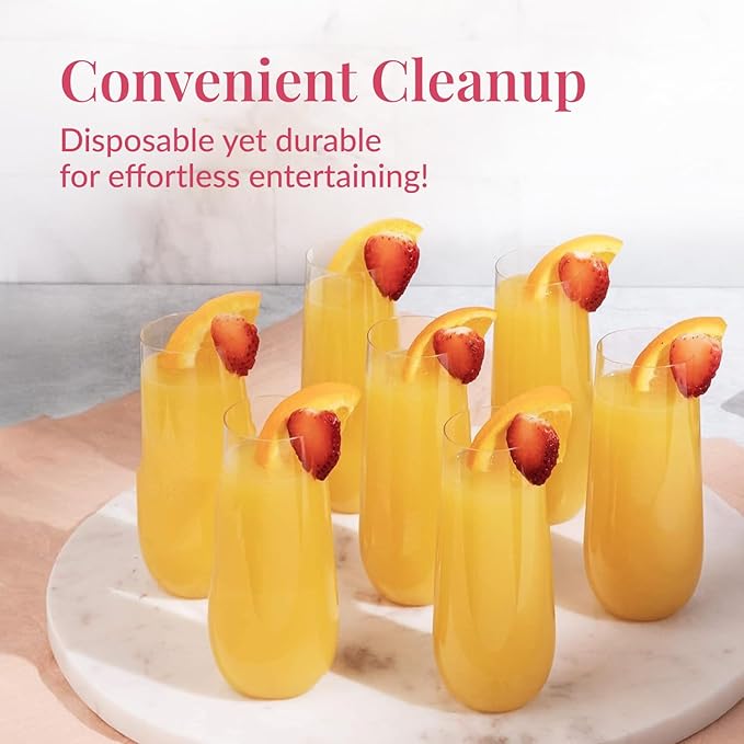 Prestee 24-Pack Stemless Champagne Flutes 9 oz - Clear Plastic Cups for Wine, Cocktails, and Mimosas - Elegant Disposable Flutes for Parties, Weddings, Birthdays, Holiday Dinners, and Celebrations