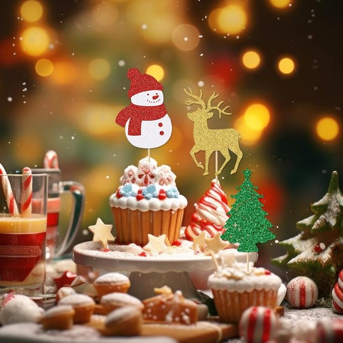 24Pcs Merry Christmas Cupcake Toppers Glitter Christmas Tree Santa Snowman Deer Garland Hohoho Cupcake Picks for Xmas Holiday