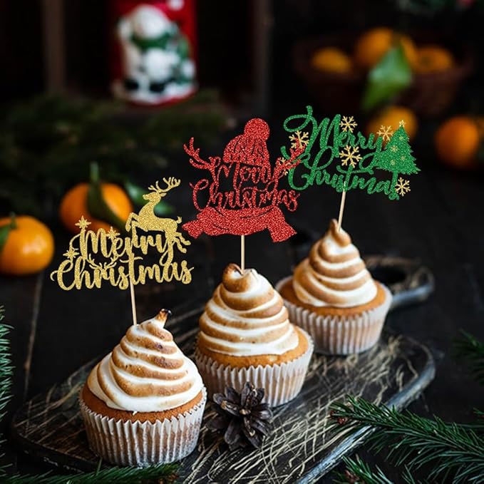 24Pcs Merry Christmas Cupcake Toppers Glitter Xmas Tree Deer Cap Snow Christmas Eve Xmas Cupcake Picks for Celebrating Merry New Year Birthday Party Supplies