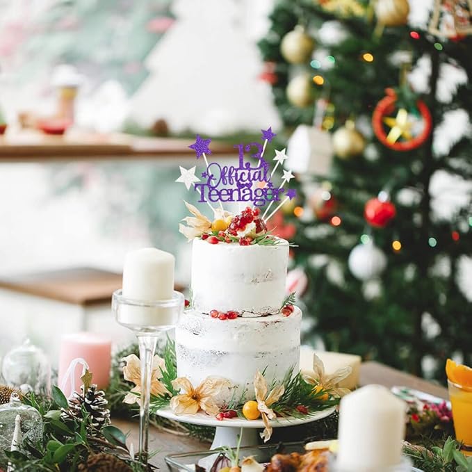 Glittery 13 Ofiicial Teenager Cake Topper with Star,13th Happy Birthday Cake Topper Party Decorations Party Supplies for Boys Girls Purple Silver