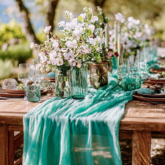 FEXIA 3 Pack Sky Blue Table Runner 35x120 Inches for Baby Shower Decoration Gauze Rustic Table Runner for Wedding Party First Communion Centerpiece Engagement Bridal Shower Boho Decoration