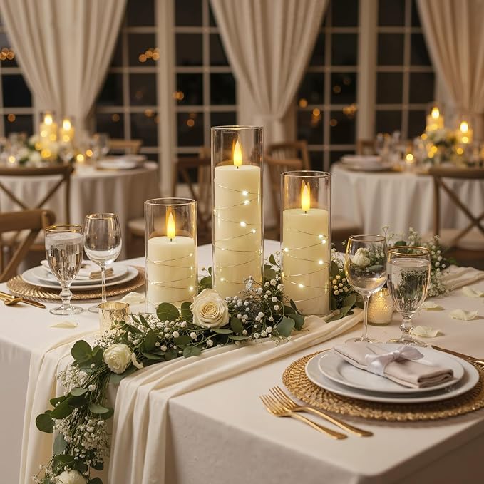 Raycare Flameless Candle with Remote Timer, 3 Flickering Acrylic Battery Operated LED Pillar Candles with Embedded Star String for Christmas, Home Decor, and as a Gift(Ivory)