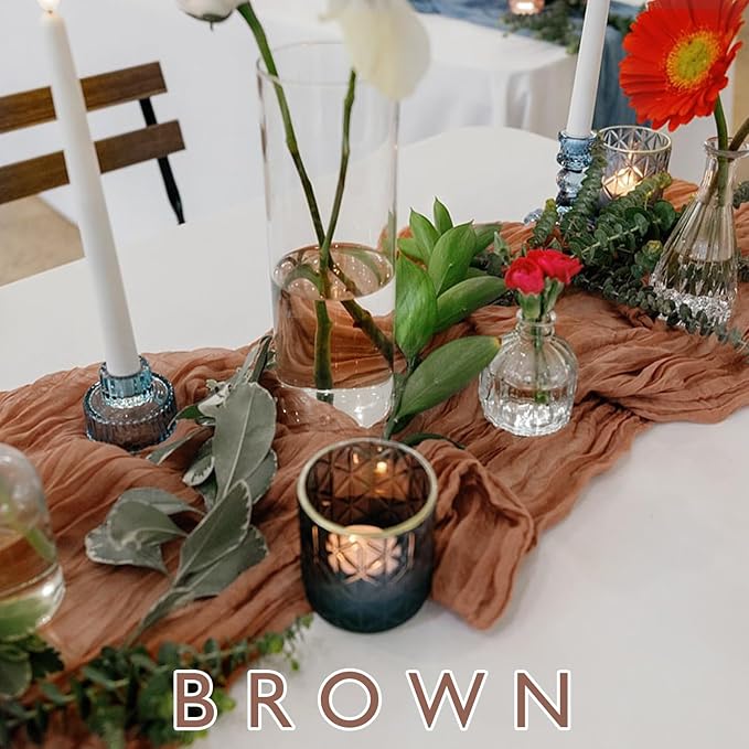 1 Pack Cheesecloth Table Runner Rustic Sheer Boho Gauze 35 x 120 Inch Centerpiece Cheese Cloth for Bridal Baby Shower Summer Spring Decorations Brown