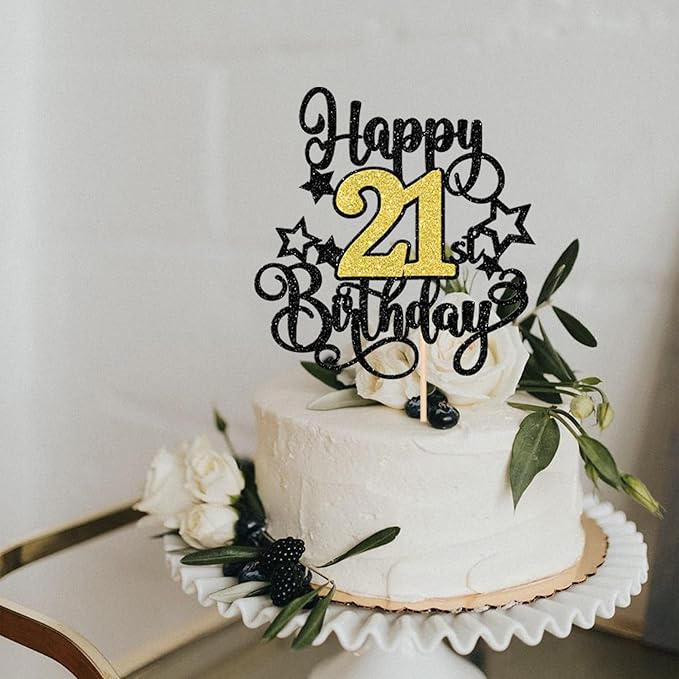 1 PCS Happy 21st Birthday Cake Topper Black Gold Glitter Cheers to 21 Years Birthday Cake Pick Hello 21 Fabulous Cake Decoration for Happy 21st Birthday Anniversary Party Decorations Supplies