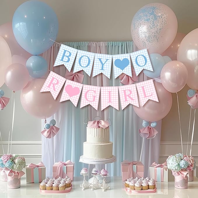1 Pcs Blue Pink Gingham Boy or Girl Banner for Party Decorations Blue Pink Pre Strung Baby Shower Boy or Girl Gender Reveal Paper Banner for Table, Wall or Mantel Display Party Decor Supplies