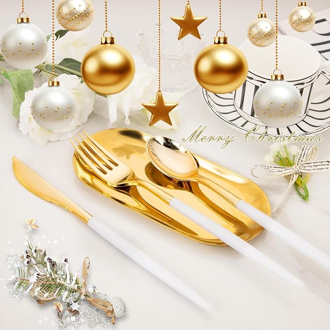 I00000 60 Pcs Gold Plastic Silverware - Heavy Duty Plastic Cutlery -Party Disposable Silverware Set,Disposable Cutlery Set Includes 20 Forks, 20 Knives, 20 Spoons Perfect for Wedding