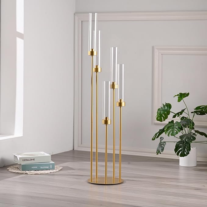 Tall 5 Arm Candle Holder for Wedding Table,39.4'' Tall Candelabra with Acrylic Lampshade for Birthday Party Home Decoration Halloween Christmas Day Fit LED Taper Candles