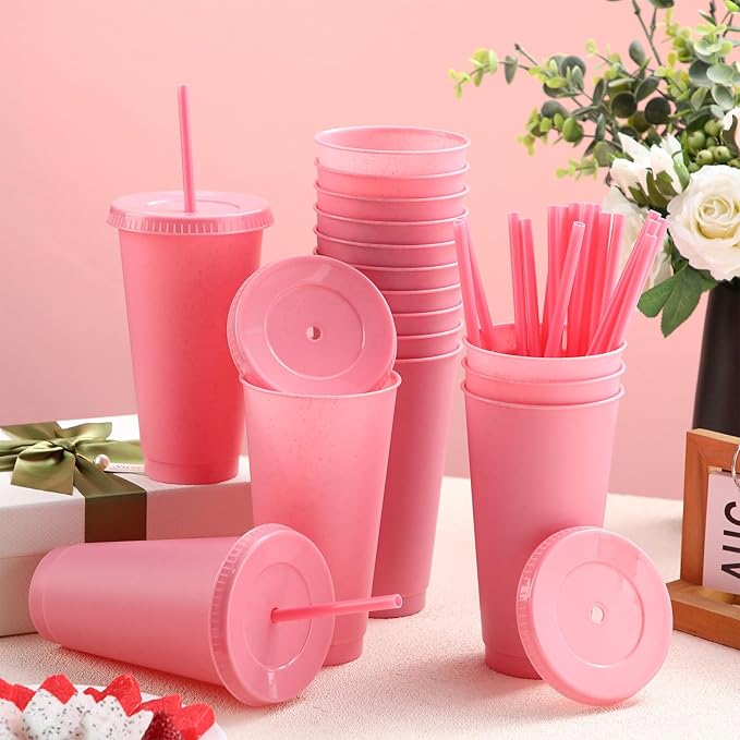 Honeydak 60 Pack Tumbler with Straw and Lid Bulk Cups for Gifts Glitter Plastic Coffee Cups 24-27 oz Reusable Water Bottle Iced Coffee Travel Mug Party Favors for Birthdays Travel (Light Pink)
