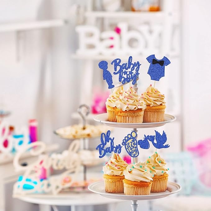 24Pcs Baby Shower Oh Baby Cupcake Toppers with Onesie Swan Baby Boy Footprint Deep Blue Glitter Cake Picks Decorations for Baby Shower Gender Reveal It's a Boy Birthday Party Supplies