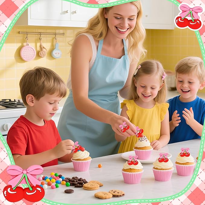 24 PCS Cherry Cupcake Toppers Pink Bow Cake Toppers Bowknot Cupcake Topper Ring She's the Cherry On Top Cake Decoration for Birthday Baby Shower Wedding Bridal Shower Party Supplies