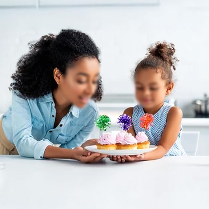 Gyufise 30Pcs Foil Firework Cupcake Toppers Sparkle Tinsel Cake Toppers Tinsel Drink Cake Decoration Cocktail Picks for Halloween Birthday Wedding Graduation Party Supplies Purple Green Orange