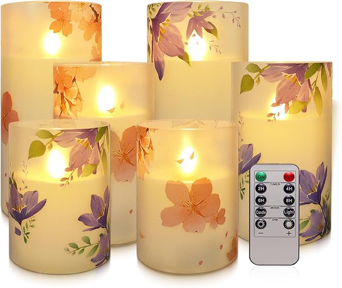 6Pack Flameless LED Candles with Remote Control and Timer-Floral Pillar Battery Operated Candle -(D3 X 4”5”6”) for Home décor, Wedding,Dinner,Holiday