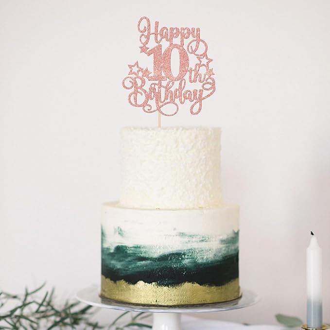 1 PCS Happy 10th Birthday Cake Topper Glitter Cheers to 10 Years Birthday Cake Pick Hello 10 Fabulous Cake Decoration for Happy 10th Birthday Anniversary Party Decorations Supplies Rose Gold