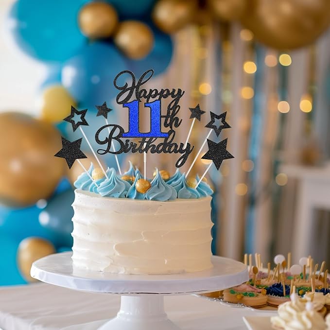 11th Birthday Cake Topper, Black Blue Happy 11th Birthday Cake Toppers for Boy Girl, 11 Years Old Birthday Party Supplies, Glitter Cake Decor, 11th Birthday Cake Decorations